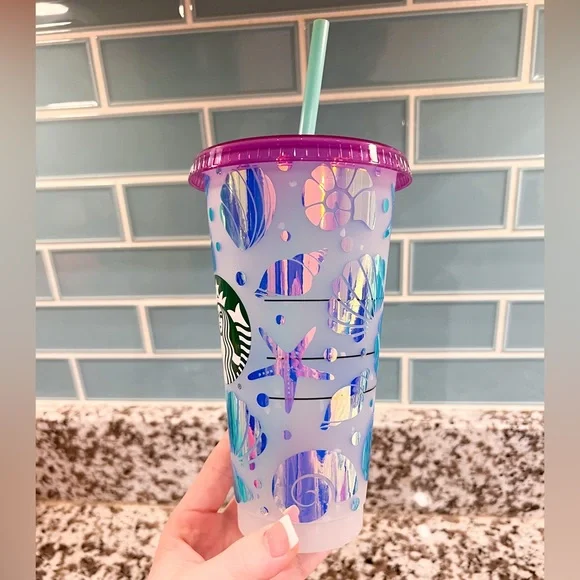 Starbucks Color changing Speckled cold cup w lid & straw NEW shell beach design - Picture 3 of 5